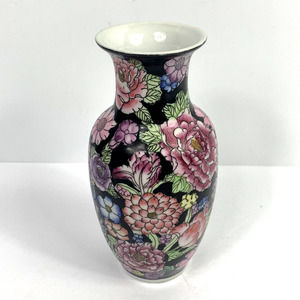 Chintz Small Vase Chinese Ceramic Pottery Black & Pink Purple Blue Floral Asian
